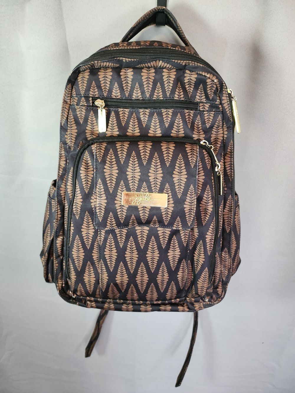 Ju-Ju-Be Deluxe Diaper Bag Black And Brown Leaf Pattern with Gold Logo Plate